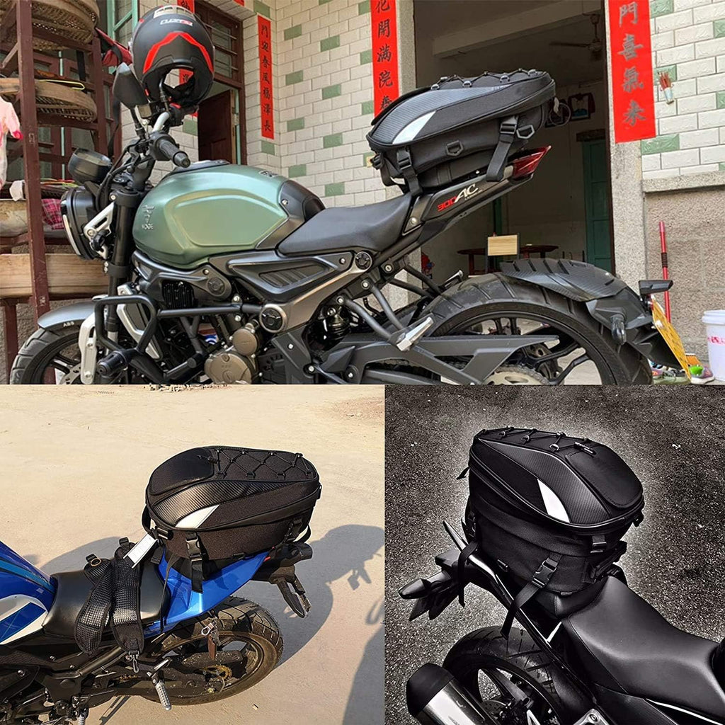Motorcycle Tail Bag,Waterproof Seat Bag,Dual Use Backpack With Cargo Net | Expandable Helmet Bag with Rain Cover & Shoulder Strap, Multifunctional Storage Saddle Bag, Motorbike Luggage Tail Pack