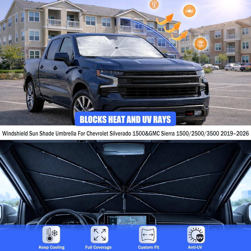 Car Windshield Sun Shade Umbrella - Custom-Fit for Chevrolet Silverado 1500&GMC Sierra 1500 2500 3500 2019-2026 Umbrella Sunshade,UV Protection & Heat Reflective,Keep Interior Cooler