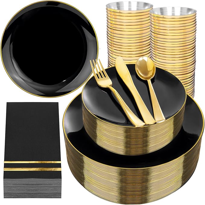 NOCCUR 350PCS Black and Gold Plastic Plates - Black Disposable Dinnerware Set...