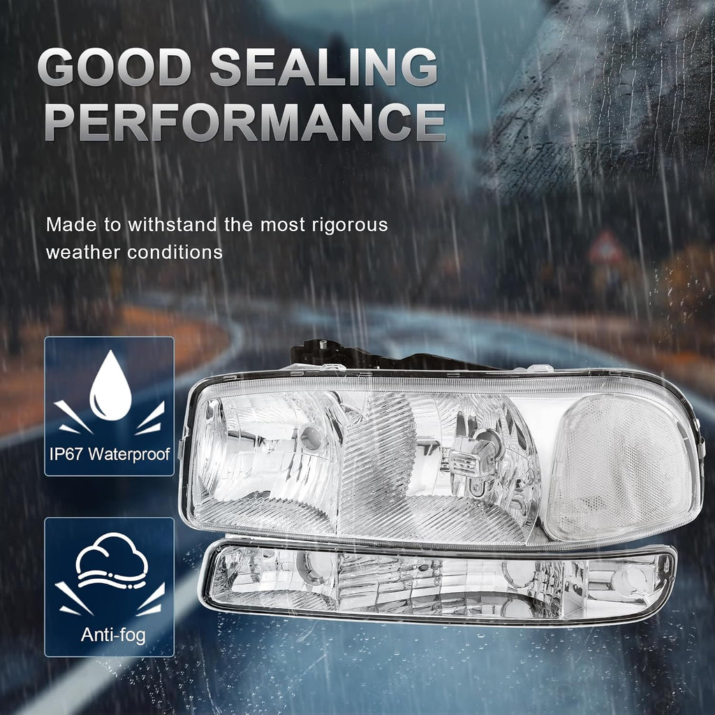 KUIPERAUTO Headlight Assembly Front Lamp Compatible with 1999-2006 GMC Sierra 1500 2500, 2000-2006 GMC Yukon Headlamp w/Bulb Chrome Housing/Clear Lens/Clear Corner