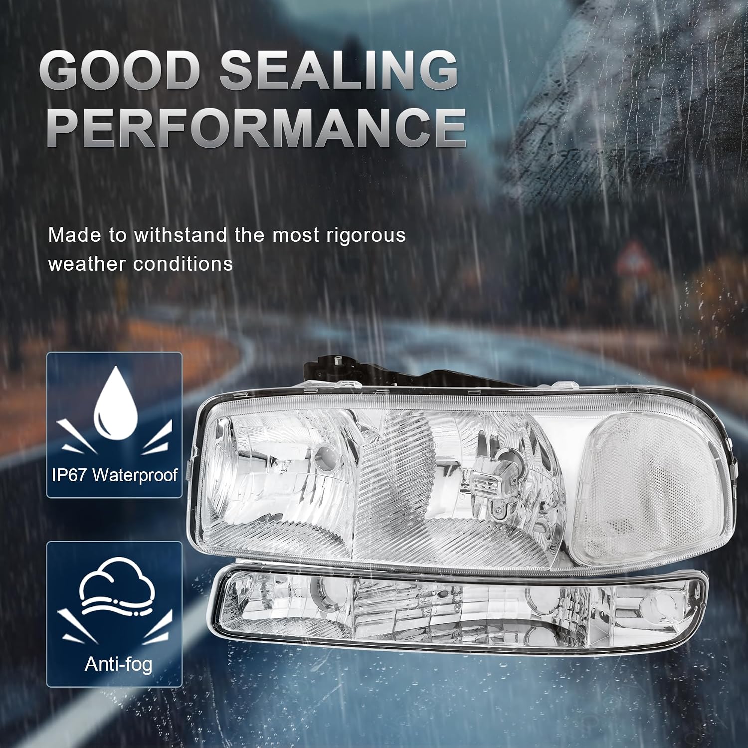 KUIPERAUTO Headlight Assembly Front Lamp Compatible with 1999-2006 GMC Sierra 1500 2500, 2000-2006 GMC Yukon Headlamp w/Bulb Chrome Housing/Clear Lens/Clear Corner