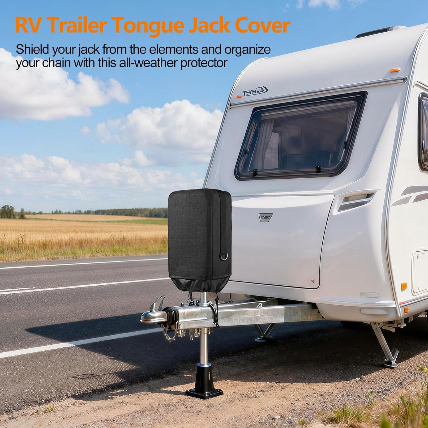 SheeChung [2026 Upgraded] RV Electric Jack Cover, 600D Universal Trailer Tongue Jack Cover with D Rings, Waterproof Protective Cover for RV Camper Travel Trailer (14″H x 5″W x 10″D)