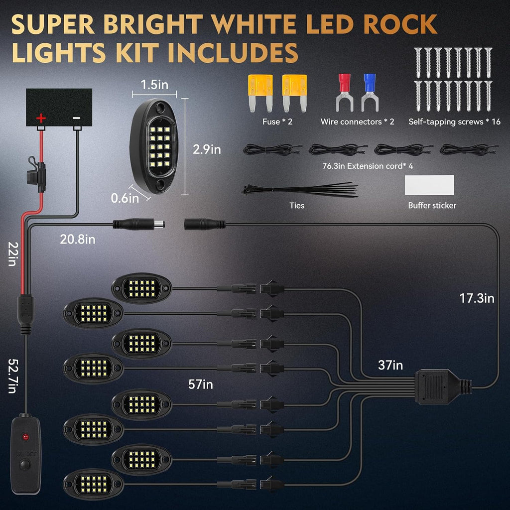 8Pods Pure White LED Rock Lights Kit Plug and Play 12V 6500K | Pre Wired Easy Install with Switch Fuse Harness Wiring Extension*4, Brights Waterproof for Jeep, UTV, RZR, ATV, Off-Road