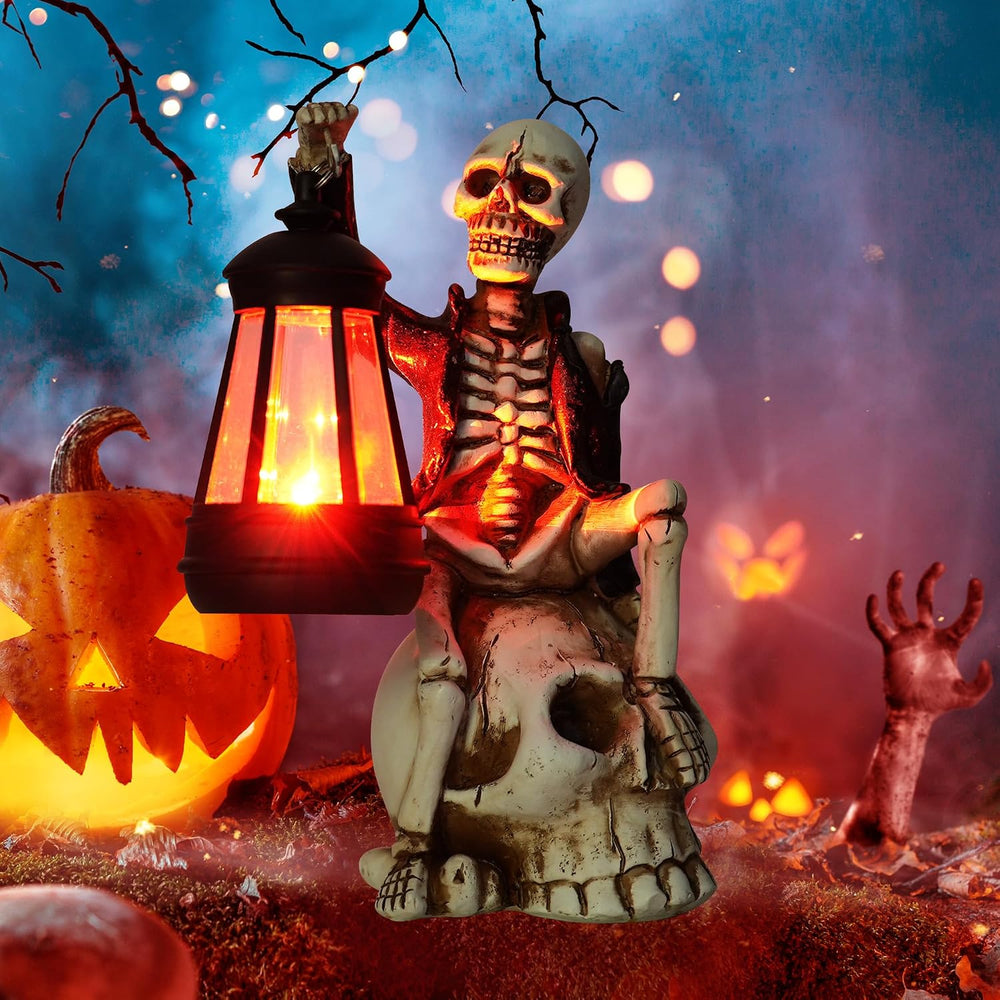 Solar Halloween Decorations Outdoor, Skeleton Figurine on Skull Statue