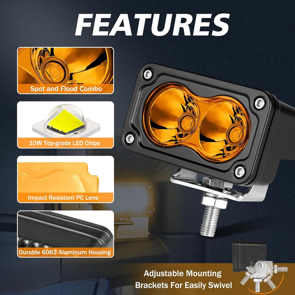 Amber LED Pods, 3 Inch 40W Driving Light Spot Offroad Ditch Lights Chase Light Small LED Pods Lights Fog Lights for Truck UTV SUV ATV Motorcycle Dirt Bike Boat-2 Packs
