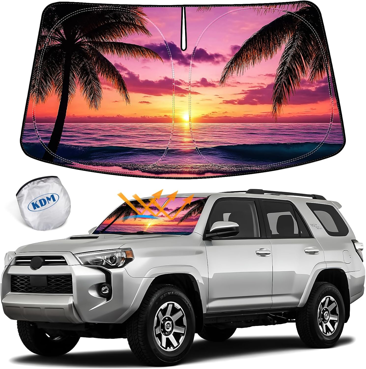 KDM Sunset Beach Style Windshield Sun Shade Fit for 2010-2023 Toyo-ta 4Runner,Foldable Front Reflective Windows Sunshade Visor Protector Blocks UV Rays Heat