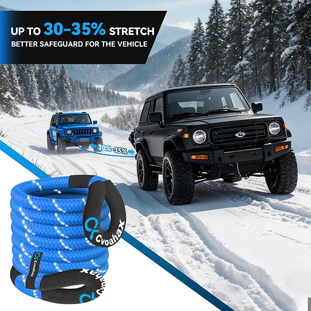 Kinetic Recovery Rope(Reflective) 1" x30ft Tow Rope with Soft Shackle | 48500LBS Heavy Duty Stretch Nylon & Extreme Duty 35% Elasticity Energy Snatch Strap for Trucks SUV UTV ATV Car, Blue