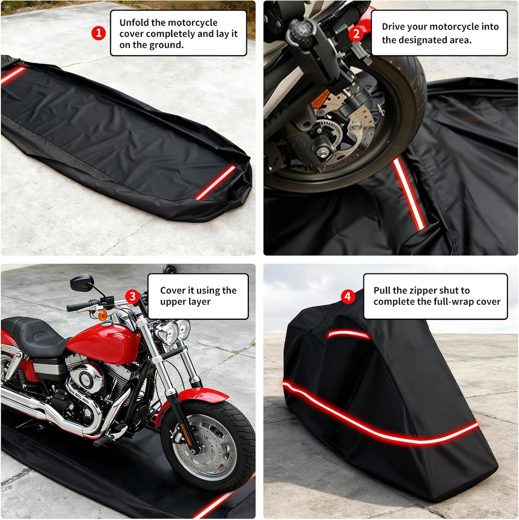 Full Enclosed Motorcycle Cover - Waterproof for Outdoor & Indoor Storage,600D Heavy Duty with Reflective Strips,Fits Scooters & Touring Motorcycles up to Length 108" x 45" x 59" Black