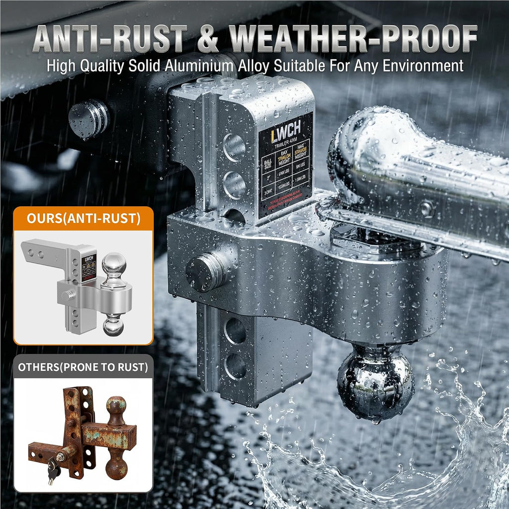 Adjustable Trailer Hitch, Fit 2 Inch Receiver, 12,500 LBS GTW, Heavy Duty Aluminum Drop Hitch with 2" & 2-5/16" Chrome Plated Steel Ball Mounts for Trucks, 6 Inch Drop/Rise, 2 Anti-Theft Pins