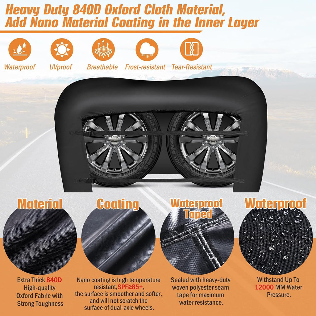 RV Tire Covers 2 Pack, 840D Heavy Duty Dual Trailer Tire Covers Fits 27"-30" Diameter Tires,Waterproof RV Wheel Covers with Waterproof Strip,2 Windproof Buckles，Universal Wheel Covers for Truck