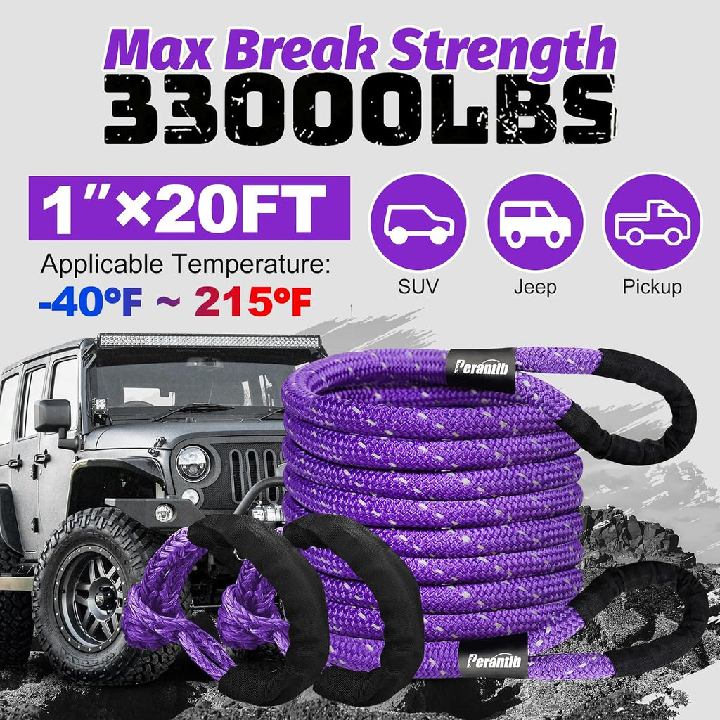 Kinetic Energy Recovery Rope 1" x 20ft,with Soft Shackle and Glove，Linetic Light Reflecting Tow Rope for 4WD Pick Up Truck, SUV, ATV, UTV