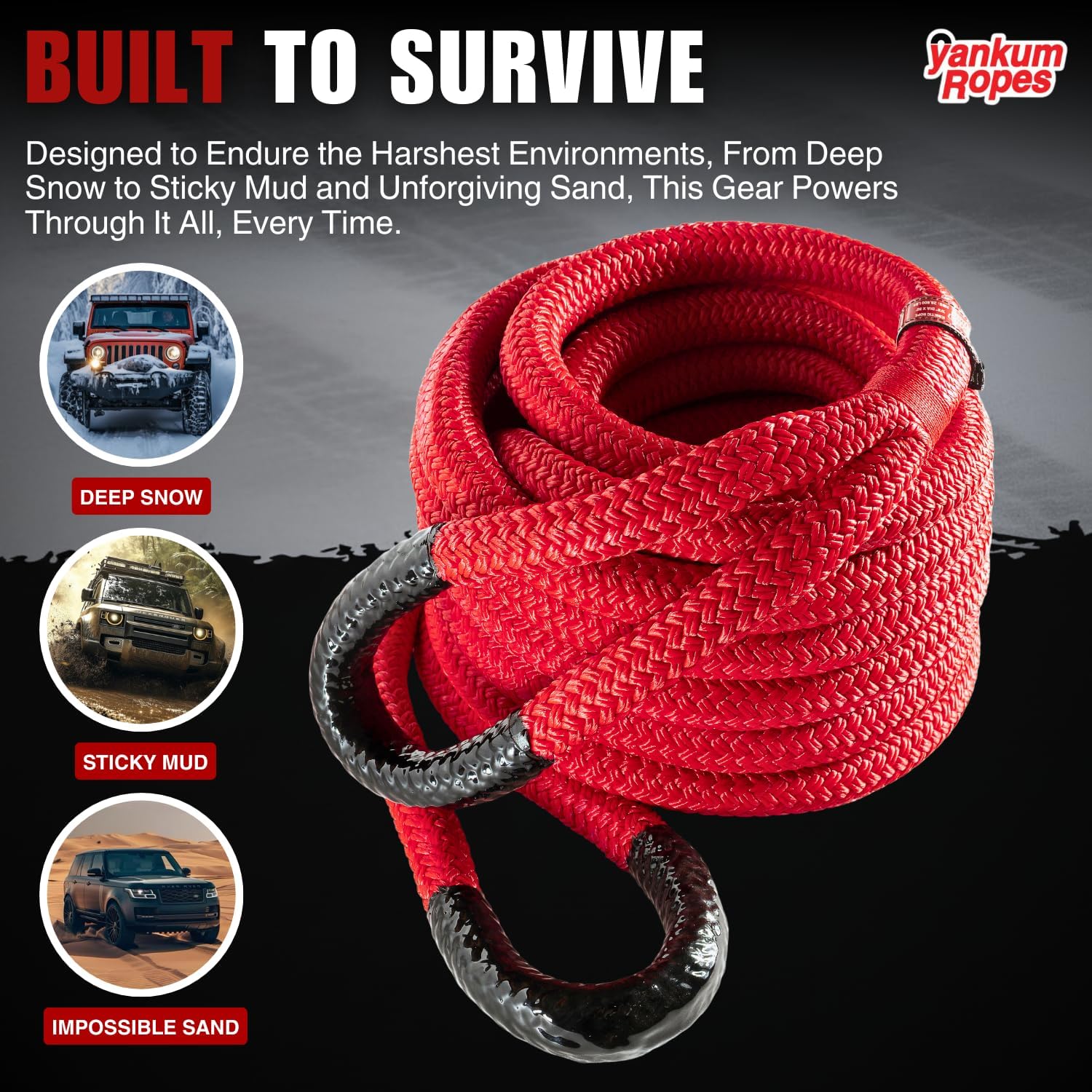 Yankum Kinetic Recovery Rope - Heavy Duty 7/8" x 30' Tow Rope, Off-Road & Vehicle Recovery, Kinetic Energy Ropes for 4x4, Jeep, and Trucks, Made in USA – Python Series