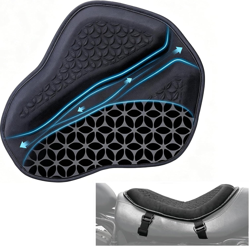Upgraded Motorcycle Gel Seat Cushion, Universal Motorcycle Seat Pad, Shake Rider Cushion, Enlarged Ventilation Channels, Large 3D-Honeycomb Structure, Shock Absorption and Breathable for Long Rides