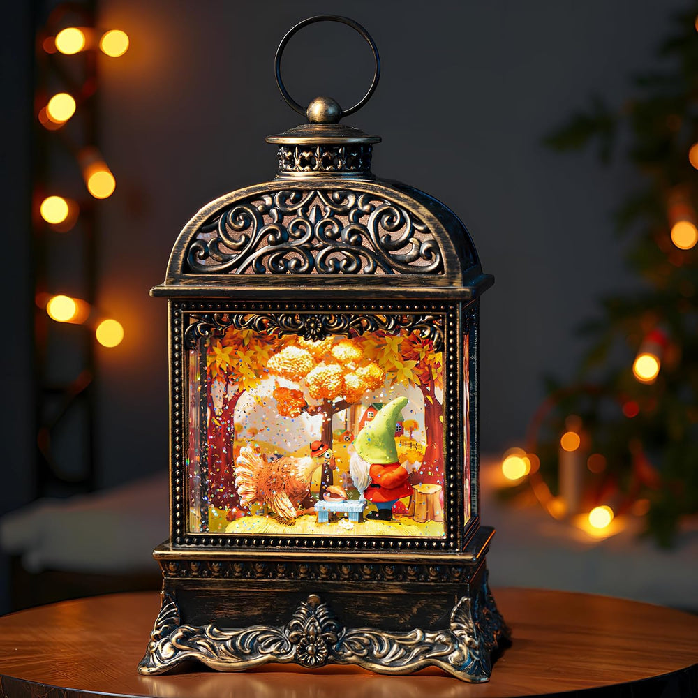 Fall Decor Snow Globe Lantern, Thanksgiving Decoration Swirling Glitter Gnome...
