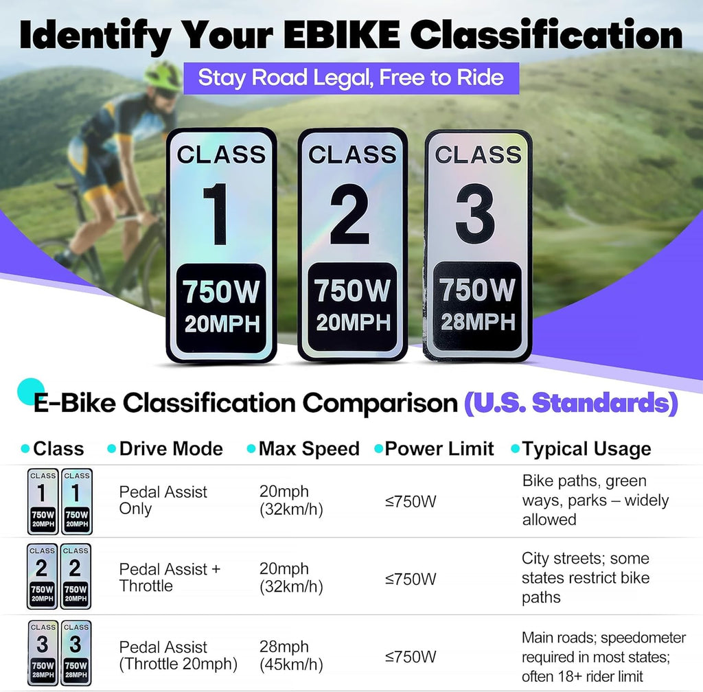 4 PCS Class 2 Ebike Sticker 750W 20MPH - Colorful Reflective Vinyl Decal for Electric Bicycle Classification (2.5 x 1.2 Inch)