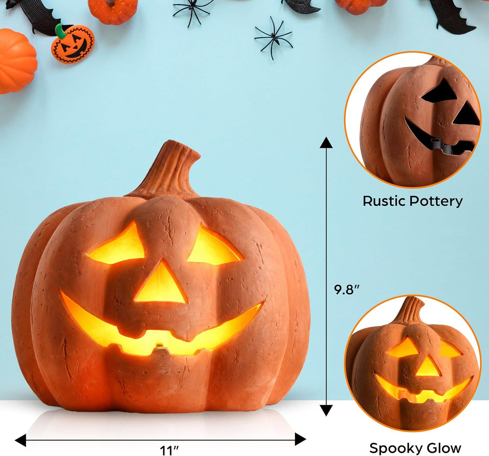 Halloween Lighted Terracotta Jack O Lantern Pumpkin 9.8 Inch Decor (Medium)