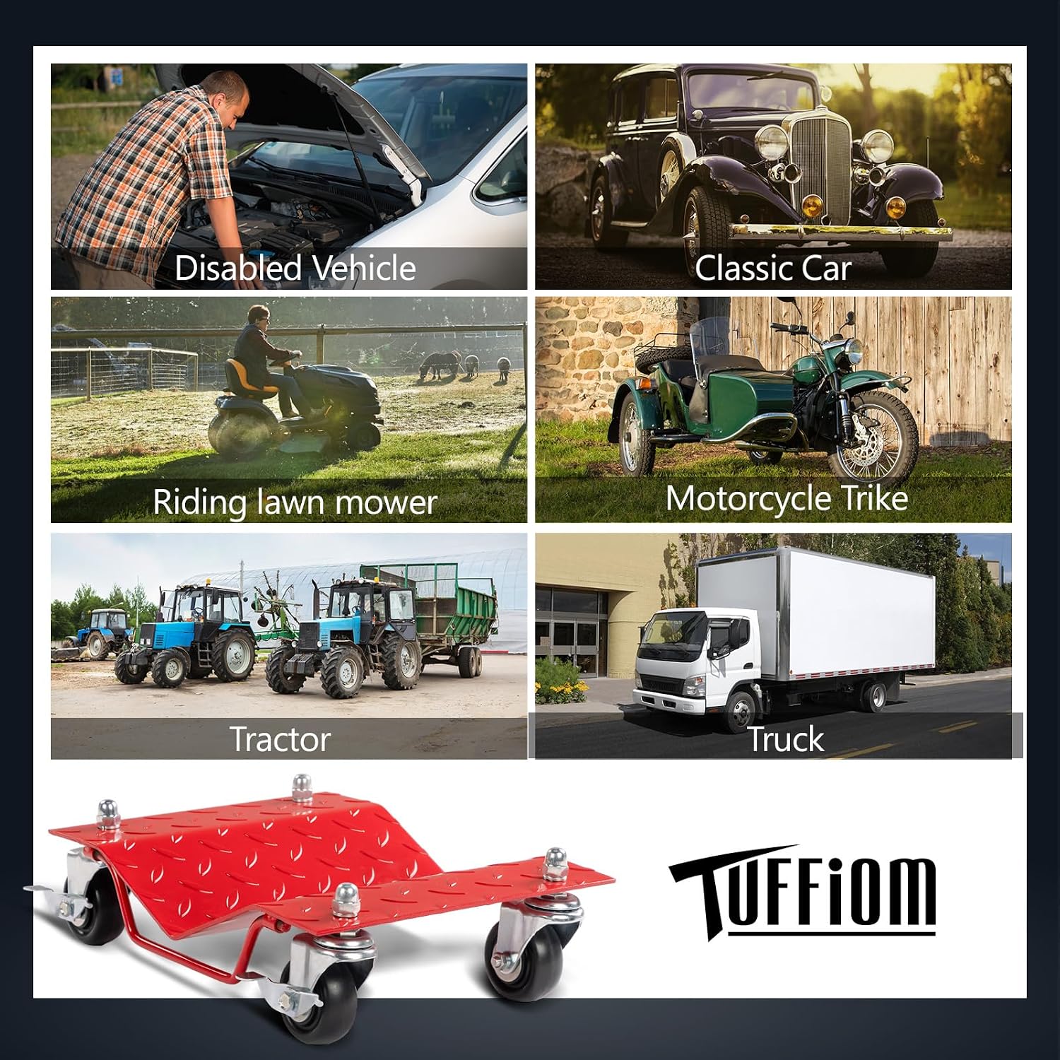 TUFFIOM Car Dolly Set of 4, 6000LBS Capacity Wheel Dollies, Heavy Duty Vehicle Dolly Upgraded, Steel Tire Skates with Brakes, Red
