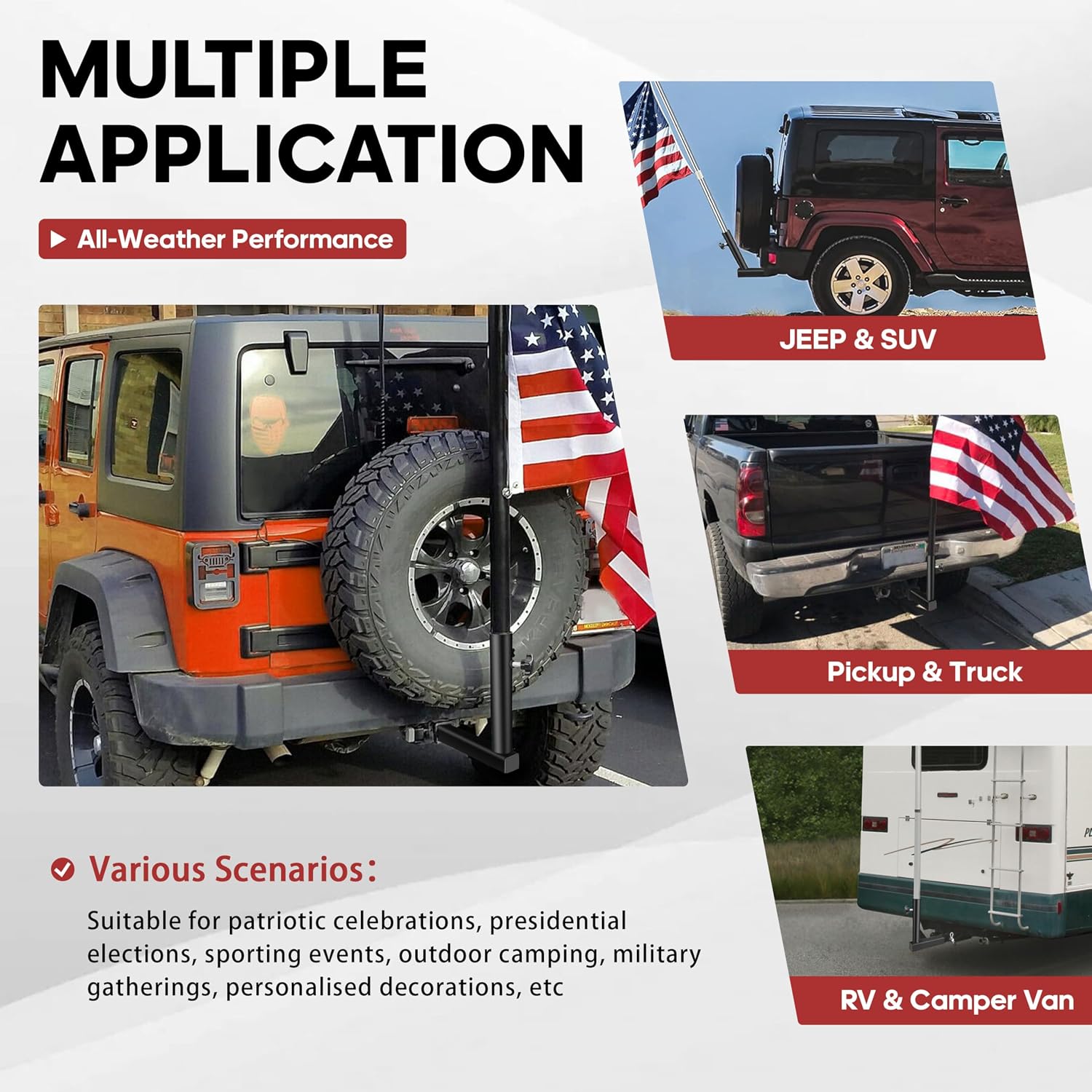 YIYITOOLS Hitch Flag Pole Holder, Heavy-Duty Truck Flag Pole Mount Kit for 2-Inch Receivers, Adjustable Car Flag Pole for Jeep, SUV, RV, Pickup, Trailer – Rust-Resistant, Stable & Easy to Install