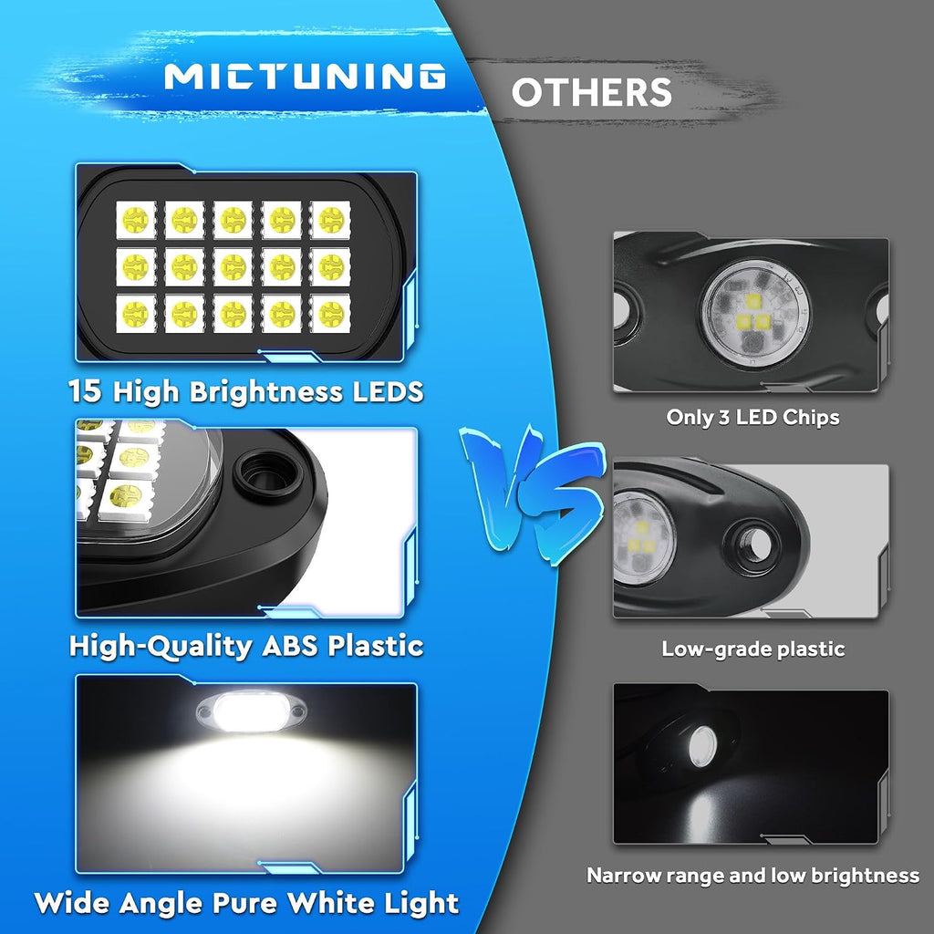 MICTUNING Upgraded 240 LEDs 16 Pods Pure White Ultra Bright Rock Lights Kit | 6000K Pure White, 160° Wide-Angle Illumination, Wide Applications, for UTVs, RVs and Motorcycles