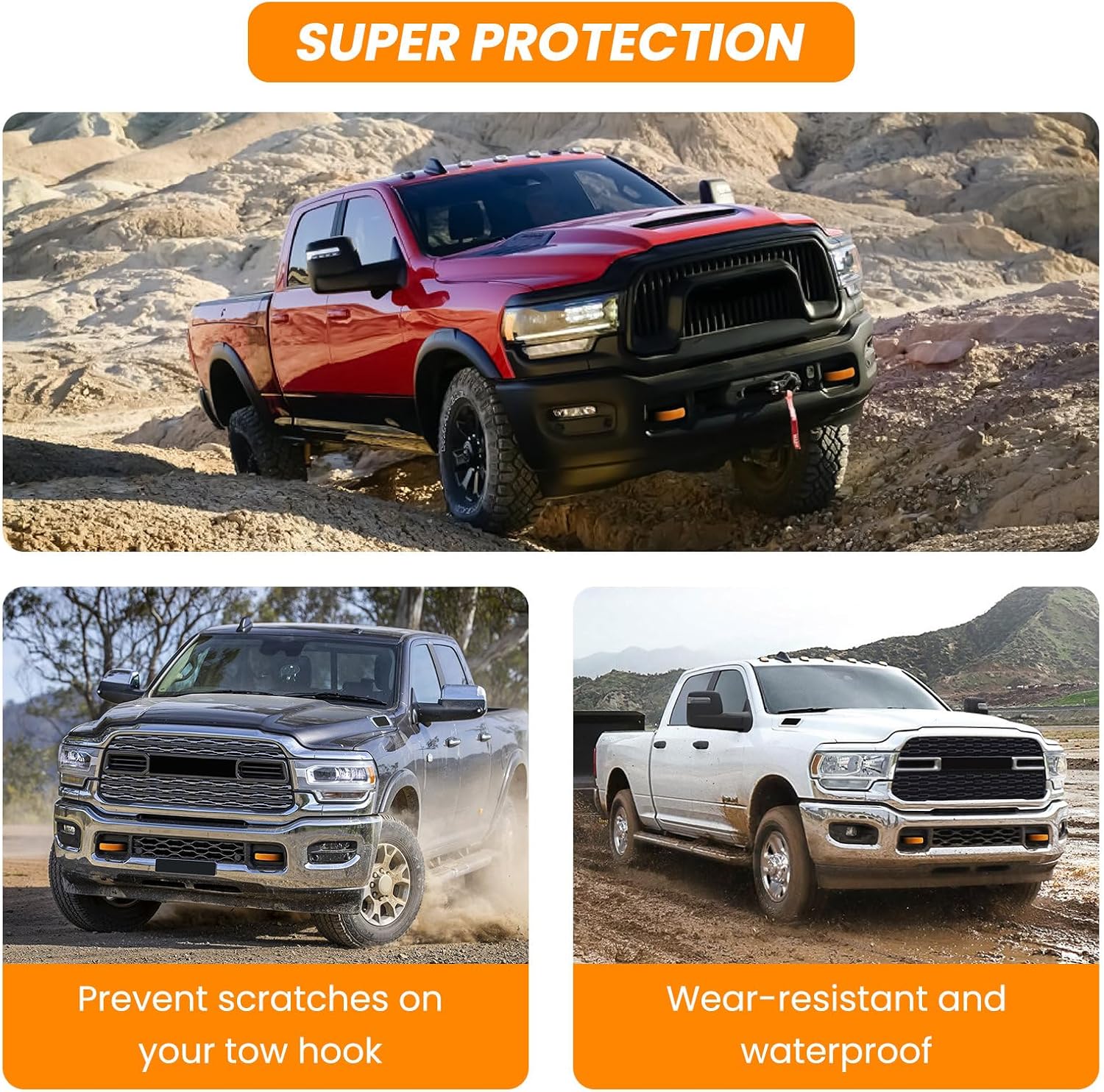 Front Tow Hooks Covers for RAM 2500/3500 2019-2026, Hitch Cover Customized Car Tow Hooks Compatible with RAM 2500/3500 Accessories 2019-2026 (Orange)
