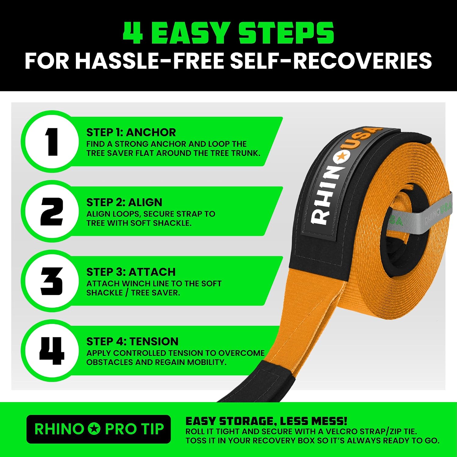 Rhino USA Tree Saver Tow Strap (4"x10') - 40,320lb Break Strength - Emergency Recovery Strap Winch Extension for Truck, UTV, ATV & More - Heavy Duty Straps Compatible with Jeep, Ford, Toyota (Orange)