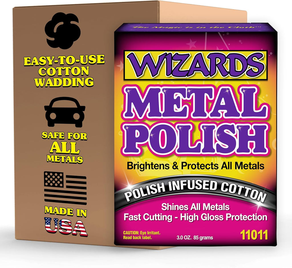 Wizards Metal Polish 3 oz - Polish-Infused Cotton Brightener for Chrome Cleaner and Polished Aluminum, Brass, Nickel, Stainless Steel, Coated Wheels, and Motorcycle Restoration, Trusted Since 1986