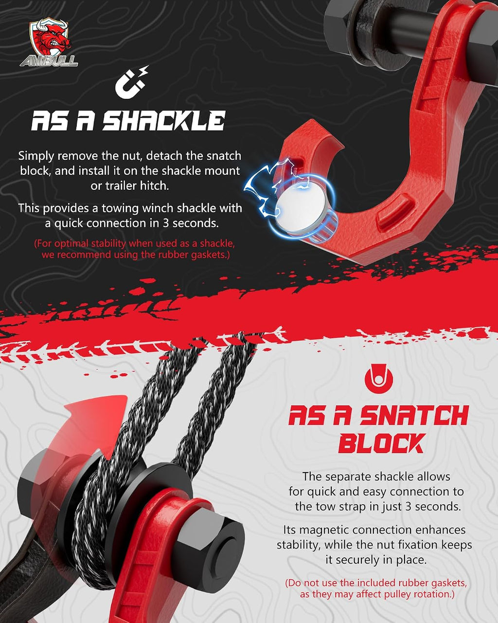 D Ring Separate Shackle with Snatch Block 2 Set, 3/4" Shackles w/Snatch Block Pulley, Heavy Duty Shackle for Towing Winch, Pulley for Off-Road Vehicle Recovery, Truck, ATV, UTV, BlackRed