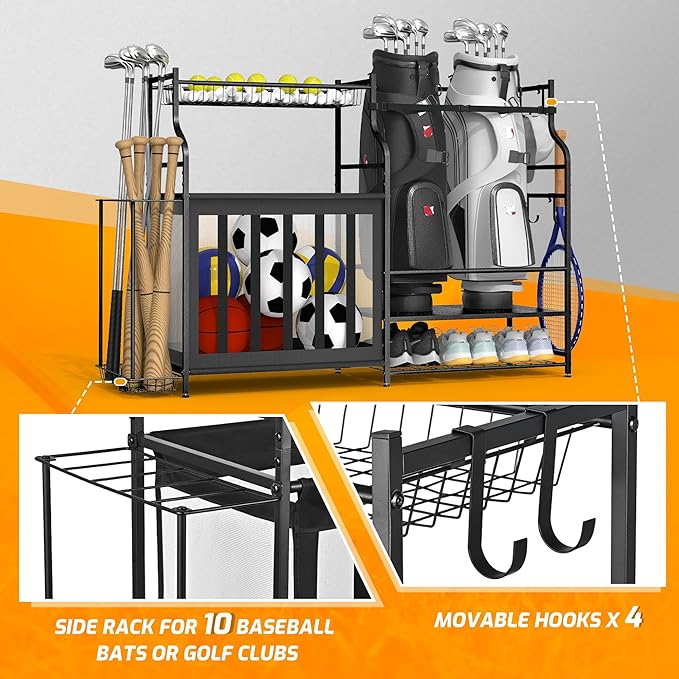 PLKOW Sports Equipment Organizer Rack, Garage Ball Rack, 2 Golf Bag Storage and