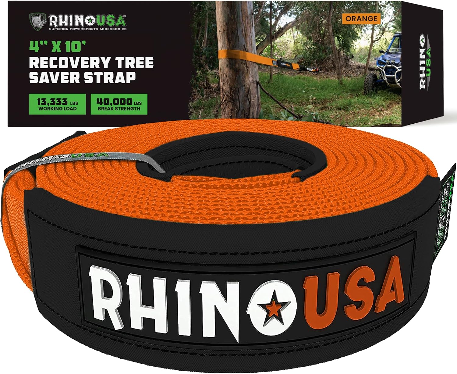Rhino USA Tree Saver Tow Strap (4"x10') - 40,320lb Break Strength - Emergency Recovery Strap Winch Extension for Truck, UTV, ATV & More - Heavy Duty Straps Compatible with Jeep, Ford, Toyota (Orange)
