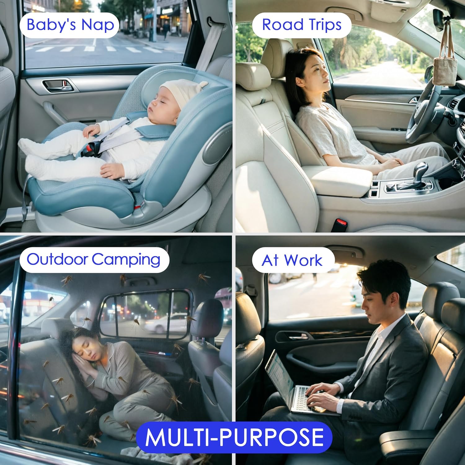 Car Window Shades 4 Pack for Front Side Windows & Rear Side Windows, Breathable Mesh Stretch Screens for Baby Camping Mosquito Net, Enlarged Size! Universal Fit Most Vehicles (98% Fit)