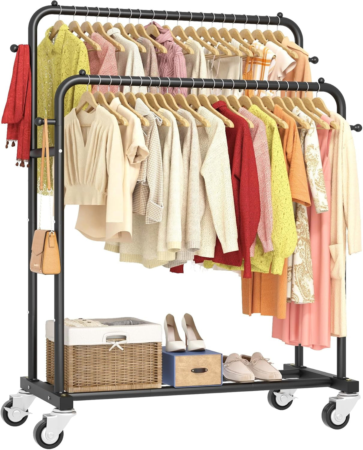 laiensia double rods garment rack with wheels, clothing shown in use