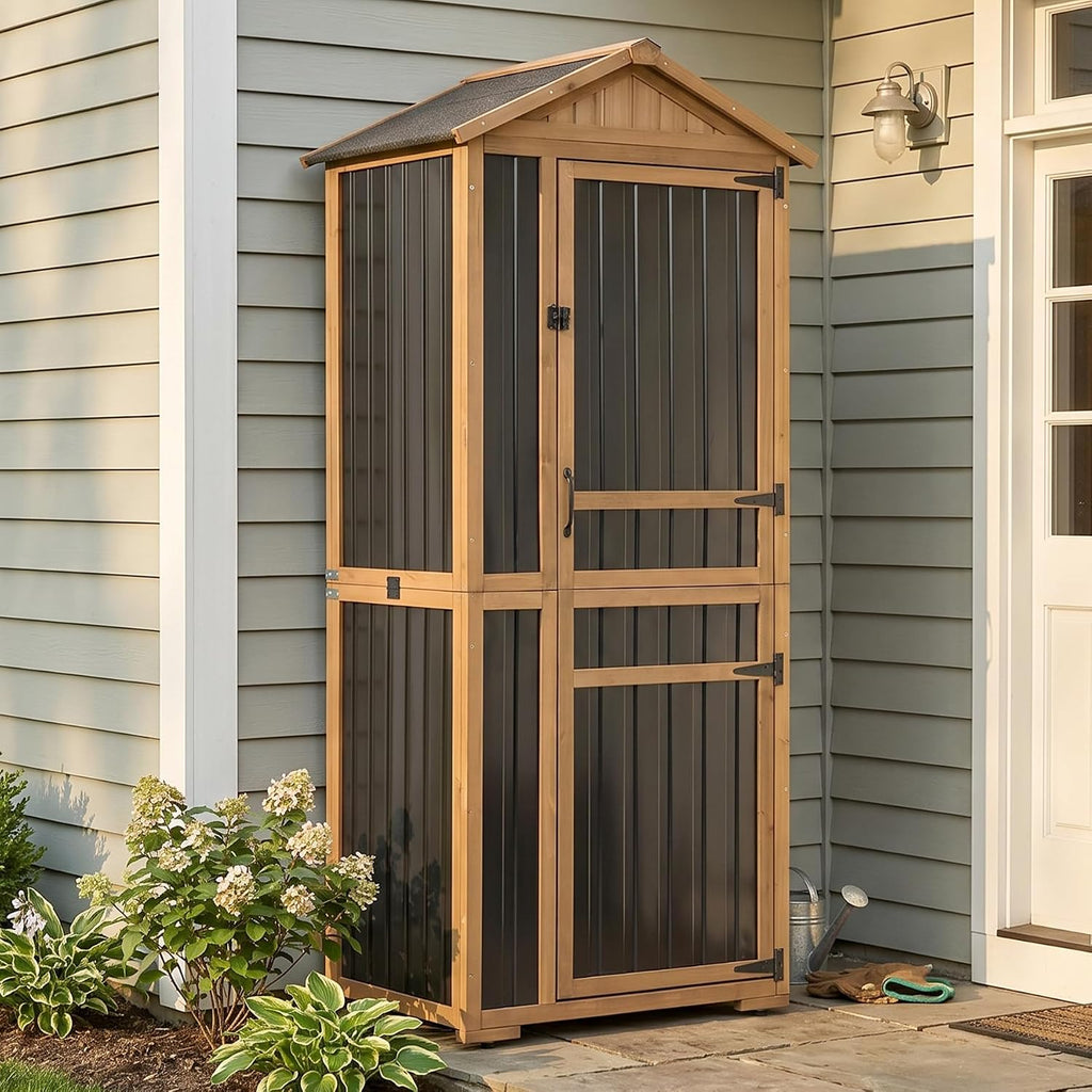 outdoor storage cabinet, extra-tall shed with removable shelf, main product view