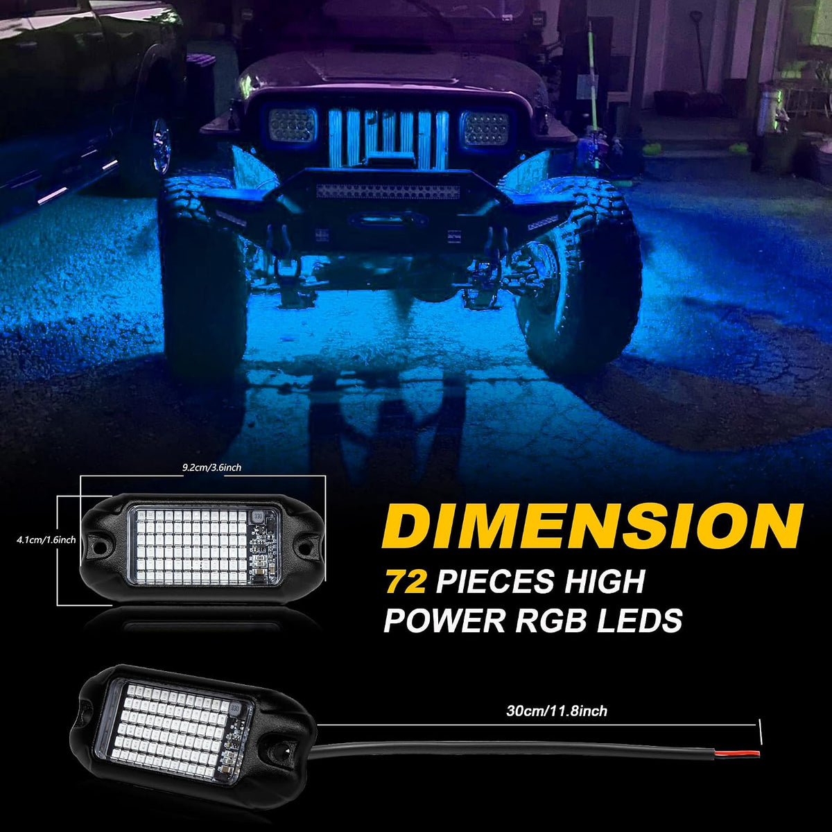 nicoko 4pods pure blue led rock lights 72w showing dimensions