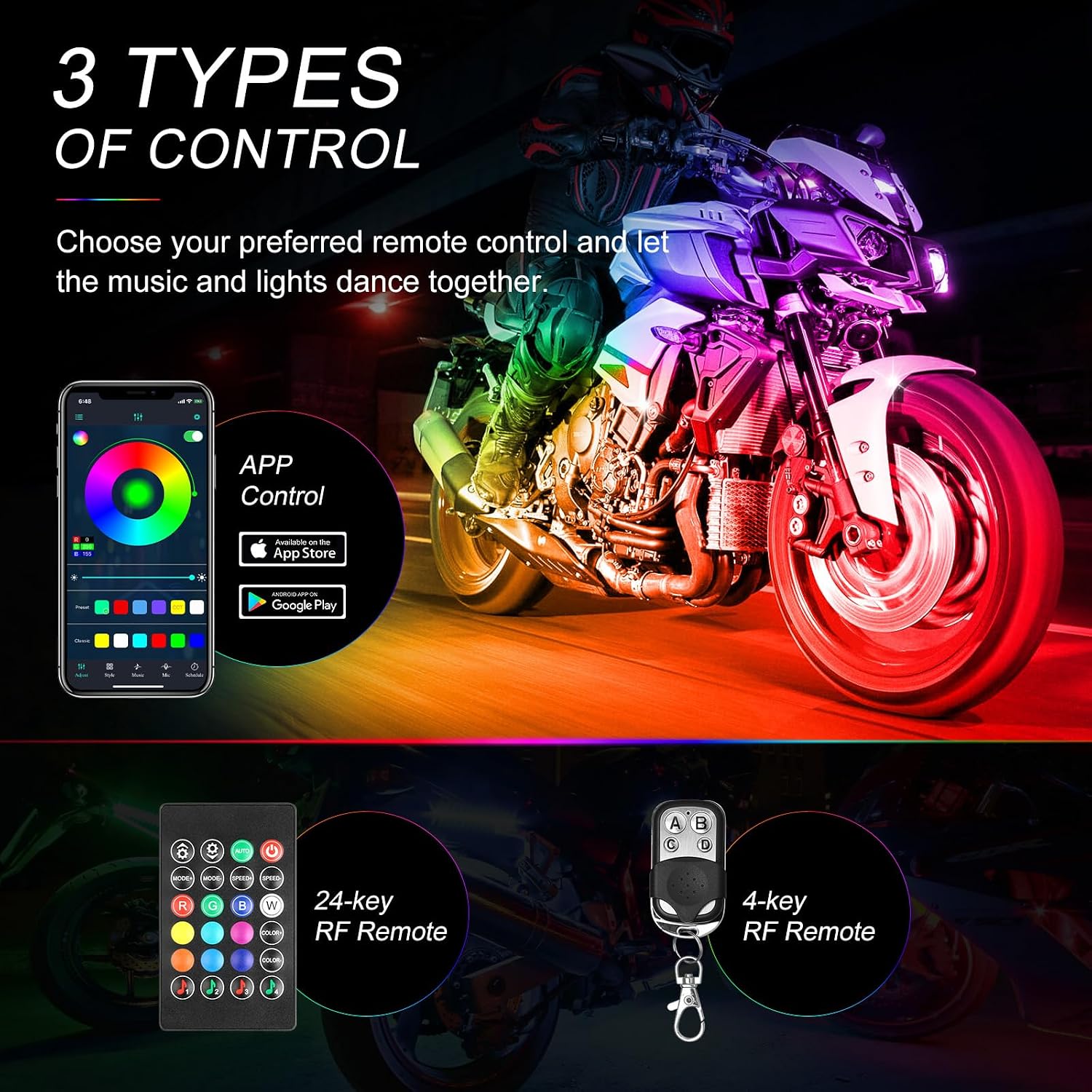 Motorcycle LED Underglow Kit, ICICAR 12 Pcs APP Control RGB Chasing Mode 16 Million Color Dual Remote Music Mode IP68 Waterproof Led Lights, Motorcycle Lights with Power Switch