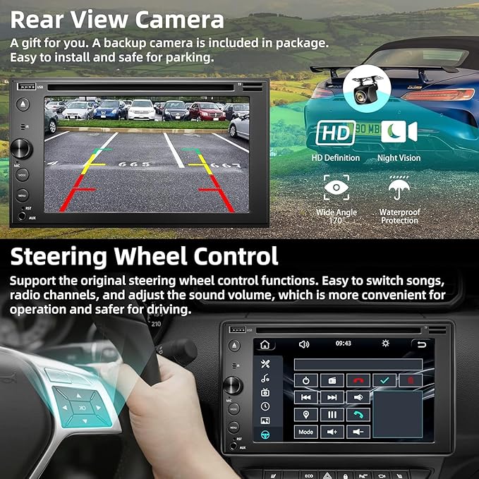 Double Din Car Stereo with CD/DVD Player Apple Carplay & Android Auto, 6.2Inch - Image 2