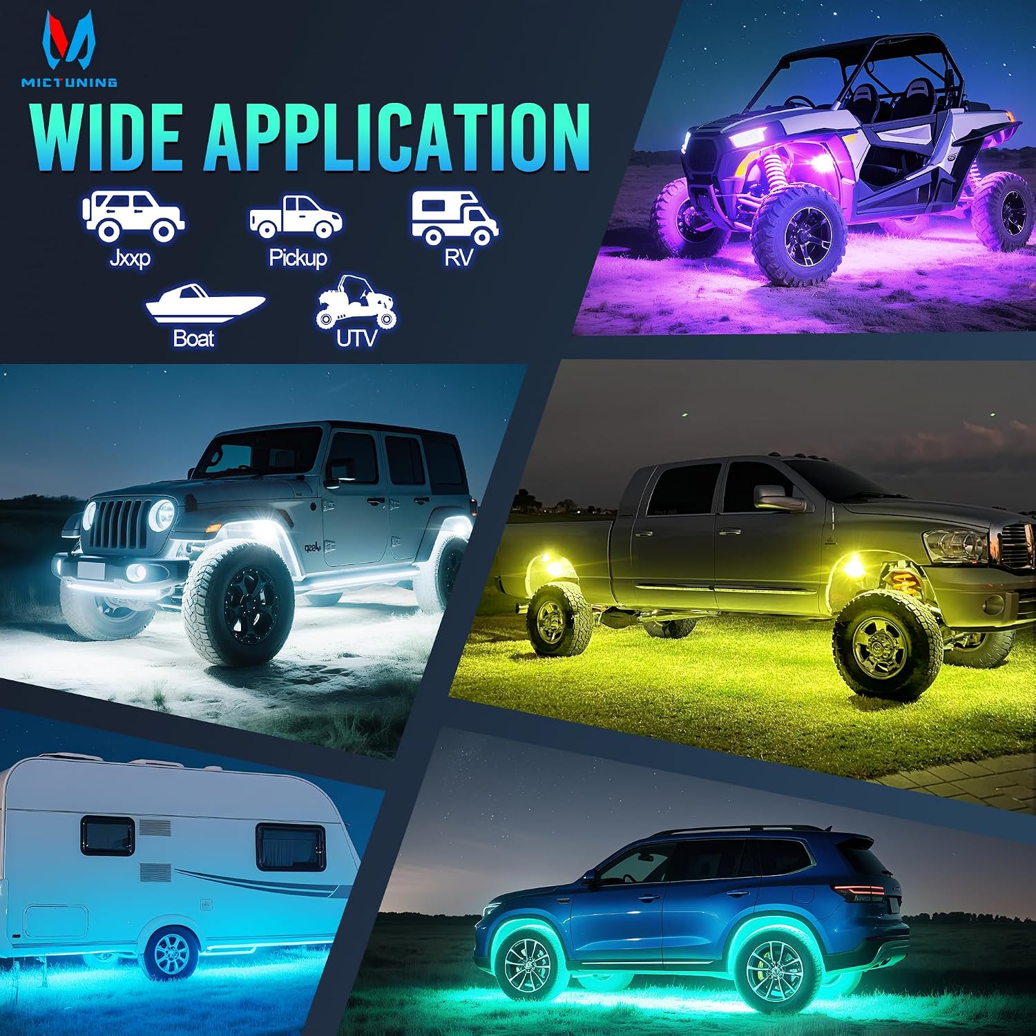 MICTUNING C1 8 Pods RGBW LED Rock Lights - Multicolor Underglow Neon Light Kit with Bluetooth Controller, Music Mode