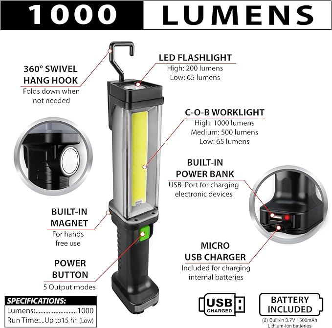 Performance Tool 189 1000LM Li-Ion Work Light w/Power Bank - Image 3