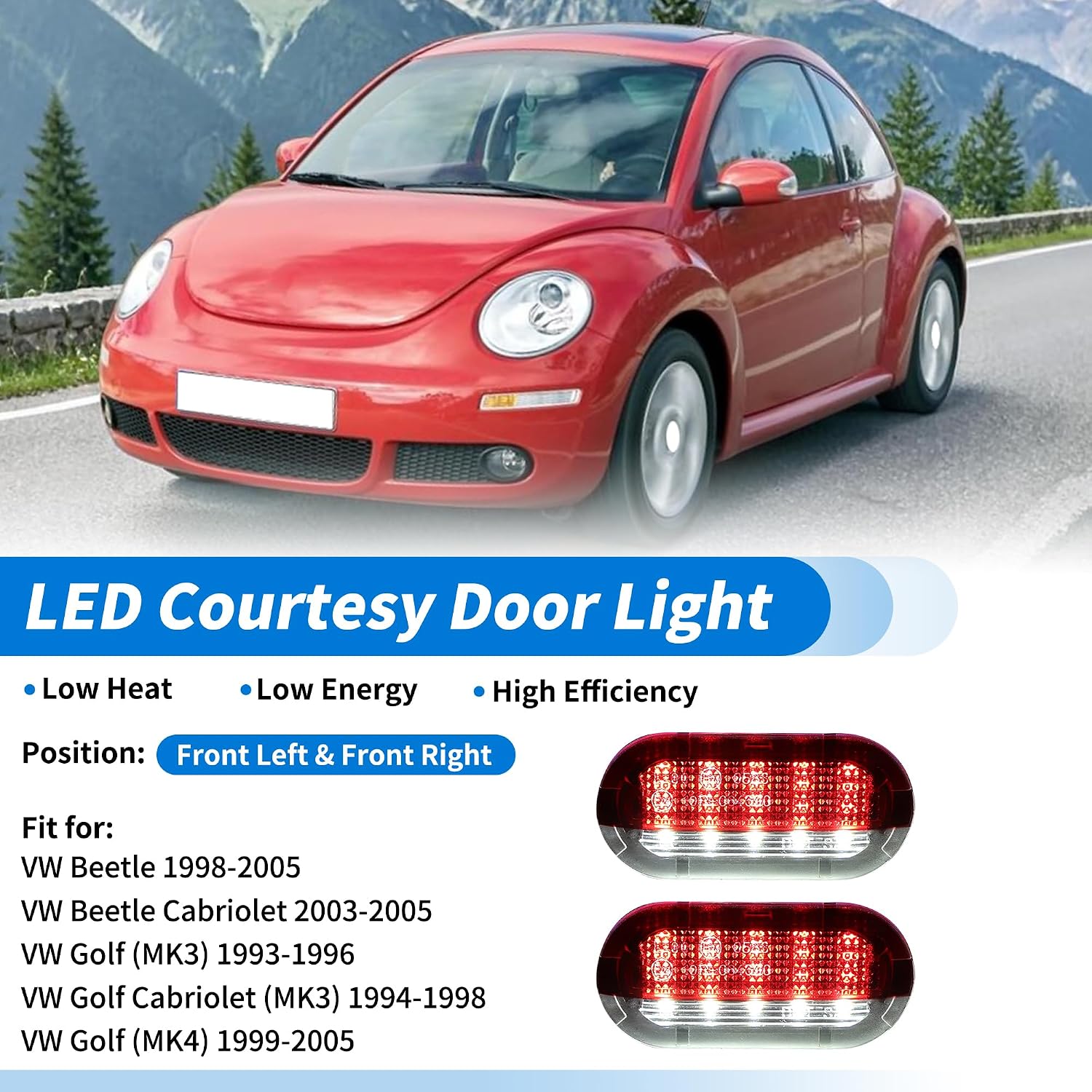 1 Pair LED Courtesy Door Light for for VW Beetle 1998-2005 for VW Beetle Cabriolet 2003-2005 White & Red Courtesy Projector Under Door Warming Lamps