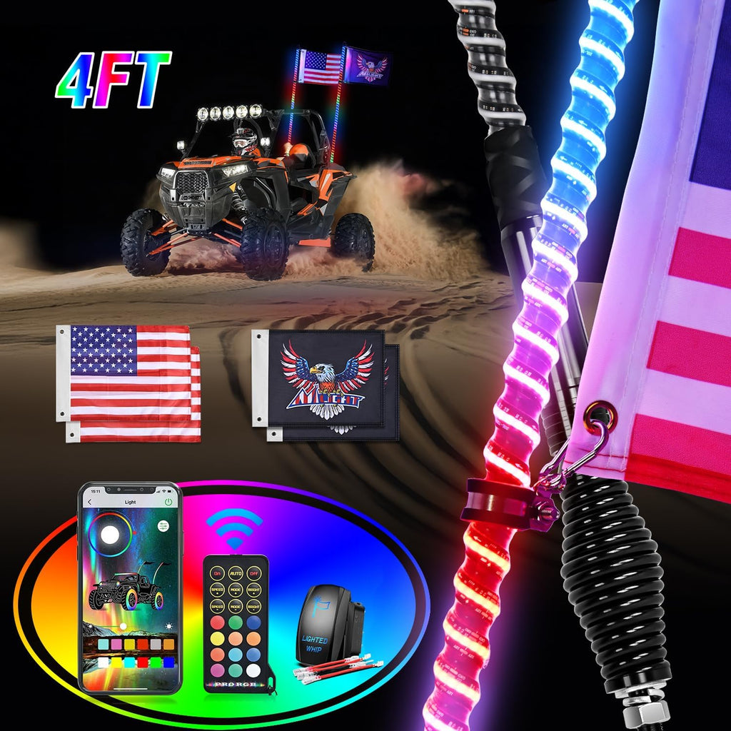 Nilight LED Whip Light 2 PCS 4FT COB RGB Lighted Antenna Whips with Spring Base Remote & App Control DIY Patterns Turn Brake Reverse Lights for Can-am Offroad ATV UTV RZR Polaris Dune Buggy Truck