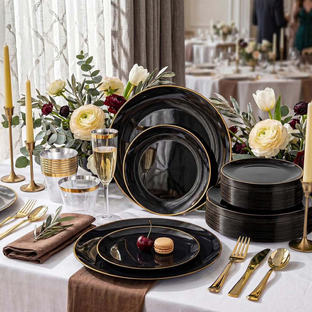 KIRE 100PCS Black and Gold Plates - Black Plastic Plates Disposable with Gold...