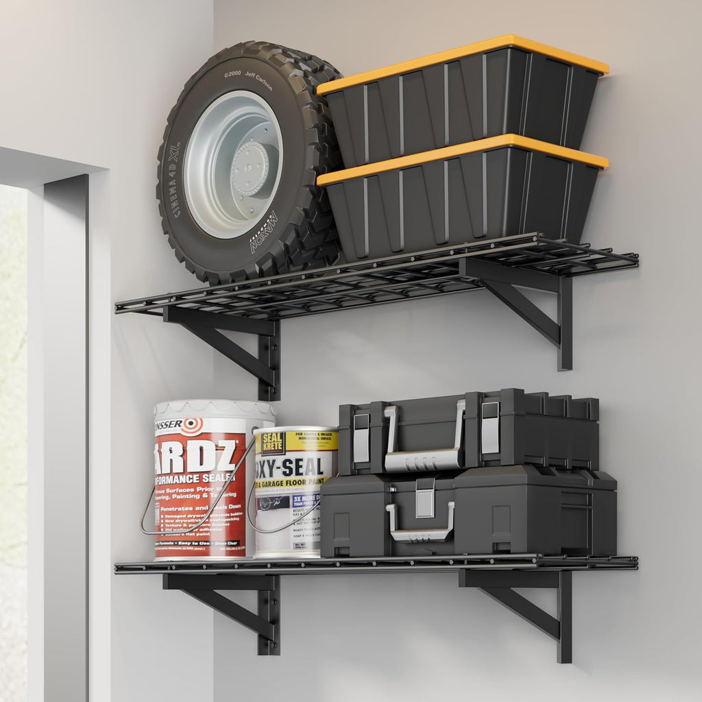 2 Pack Heavy Duty Garage Wall Shelving Set, Wall Mounted Garage Shelves 500lbs