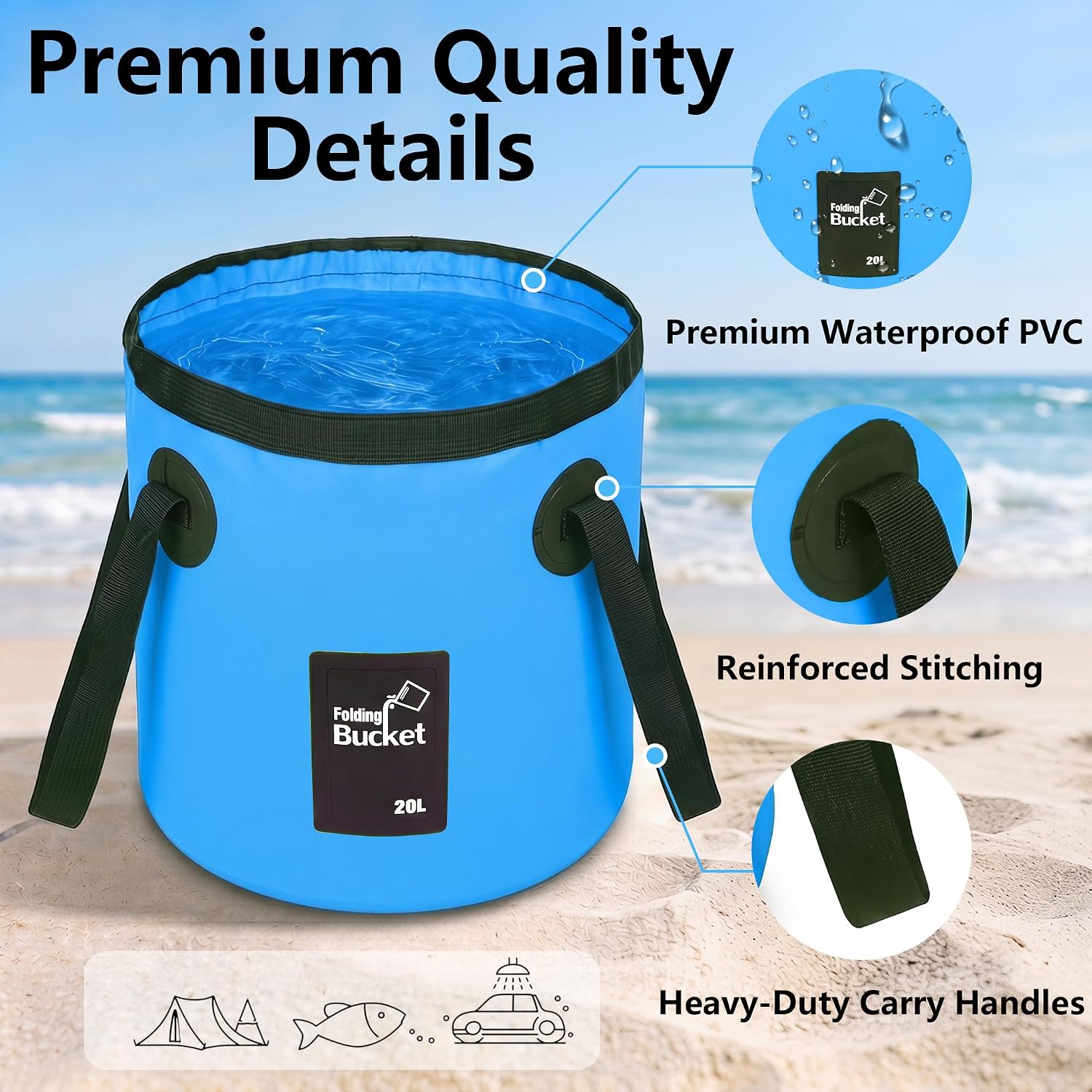 5 Gallon Collapsible Bucket with Handle, Foldable Water Bucket for Car Wash, Camping, Fishing & Beach, Portable Water Storage Container for Car Cleaning(20L-Blue)