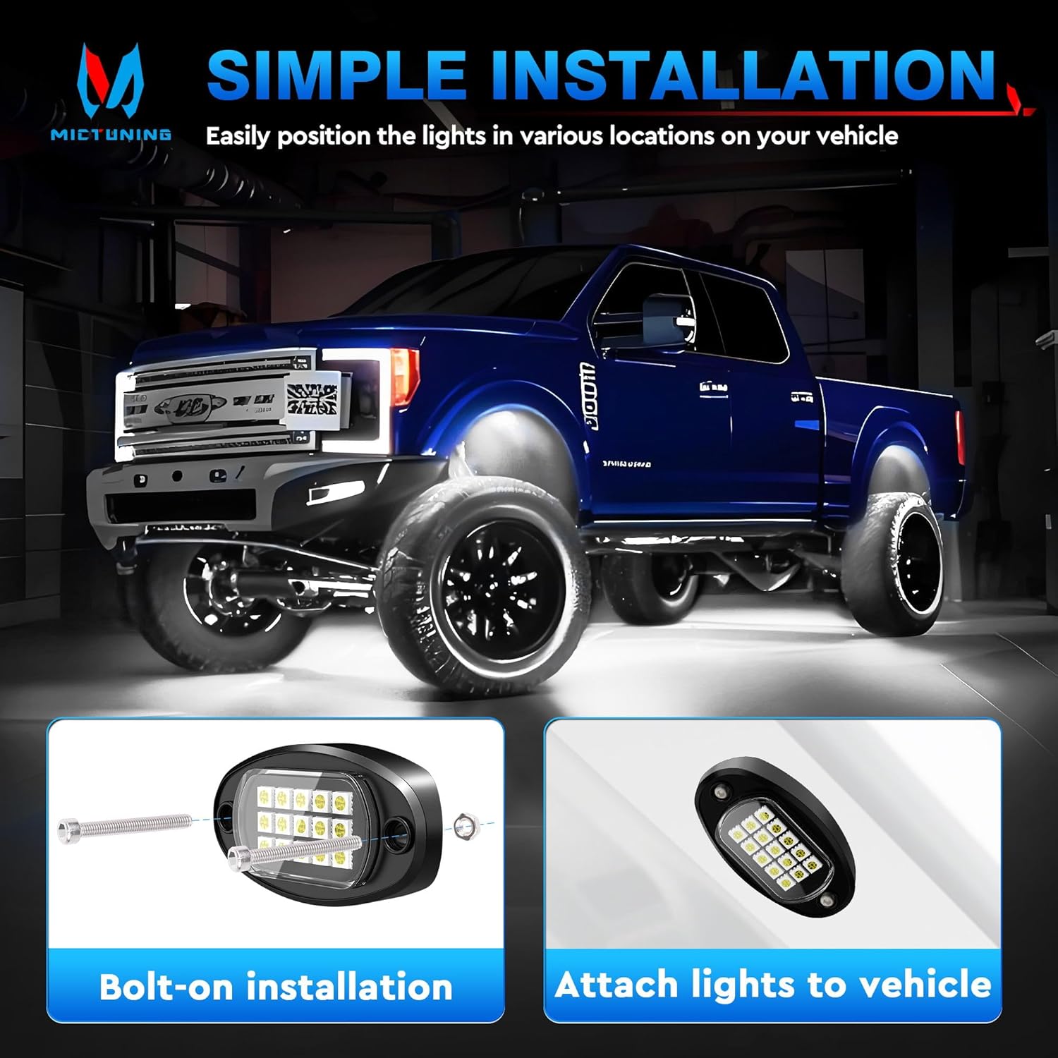 MICTUNING Upgraded 240 LEDs 16 Pods Pure White Ultra Bright Rock Lights Kit | 6000K Pure White, 160° Wide-Angle Illumination, Wide Applications, for UTVs, RVs and Motorcycles