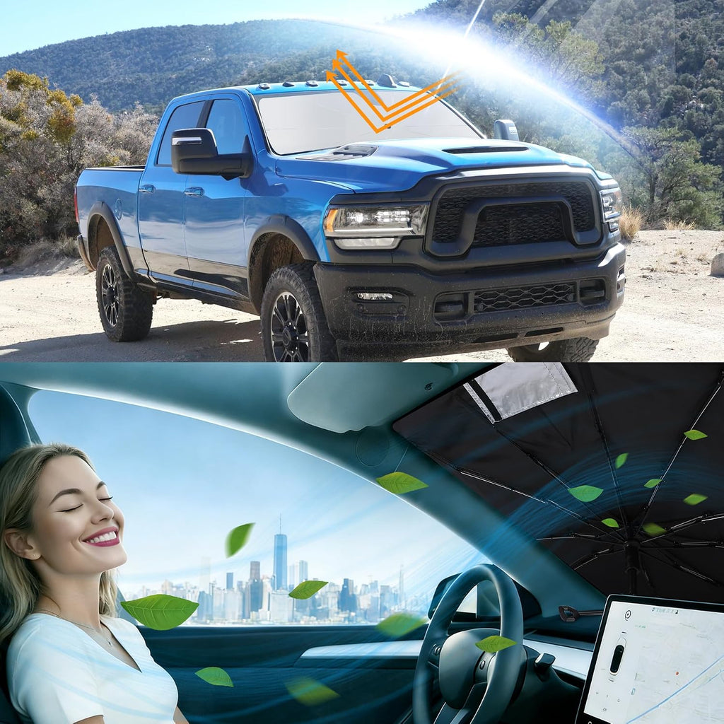 Windshield Sun Shade Umbrella Fit for 2010-2024 2025 2026 Dodge RAM 2500 3500 Accessories Foldable Sunshade Sun Blocker Protect Car from Heat Damage