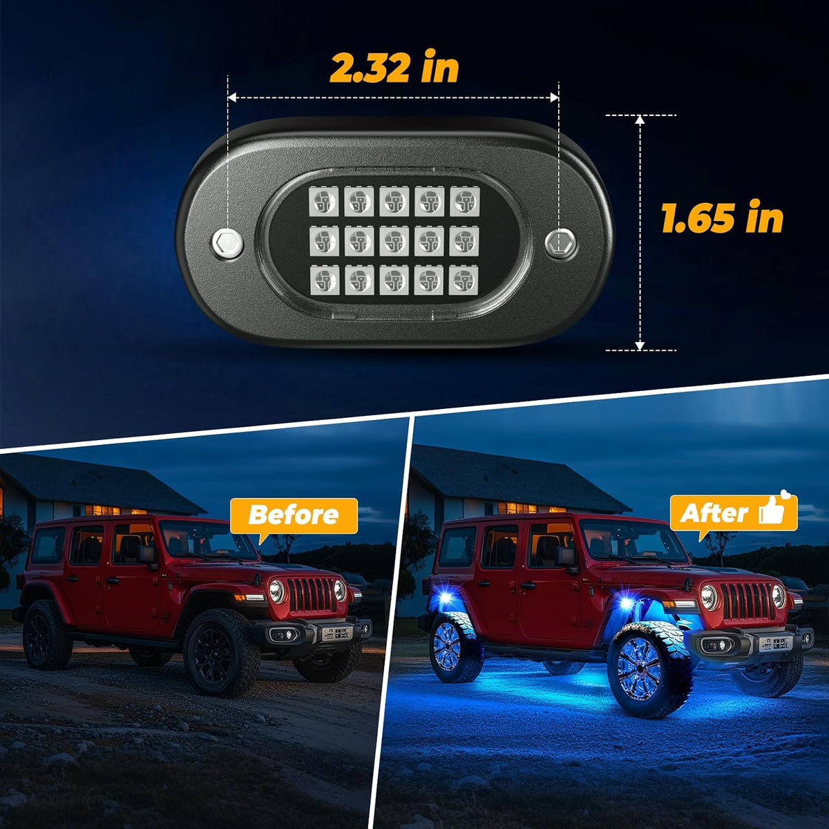 led rgb rock lights for trucks 14 pods, side view