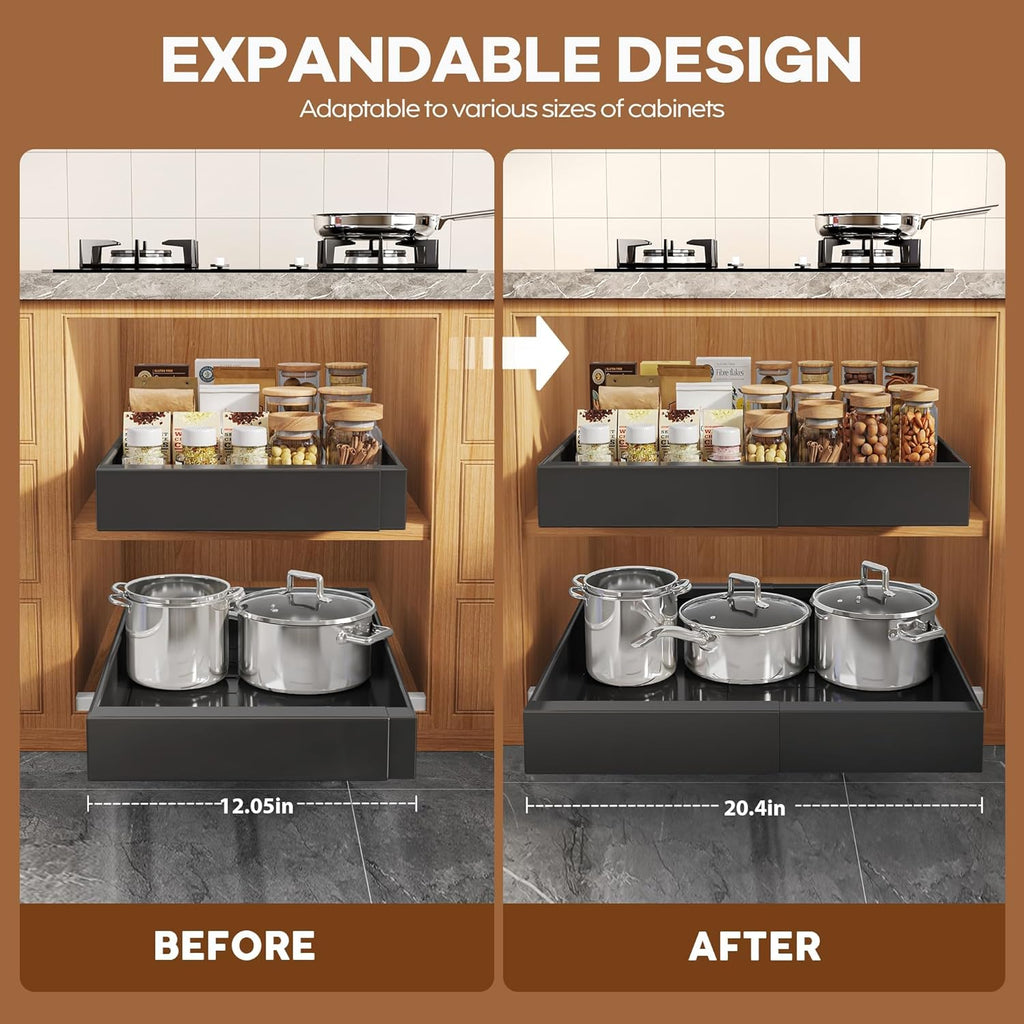 seinloes 2pack expandable pull out cabinet organizer 21"deep, close-up detail