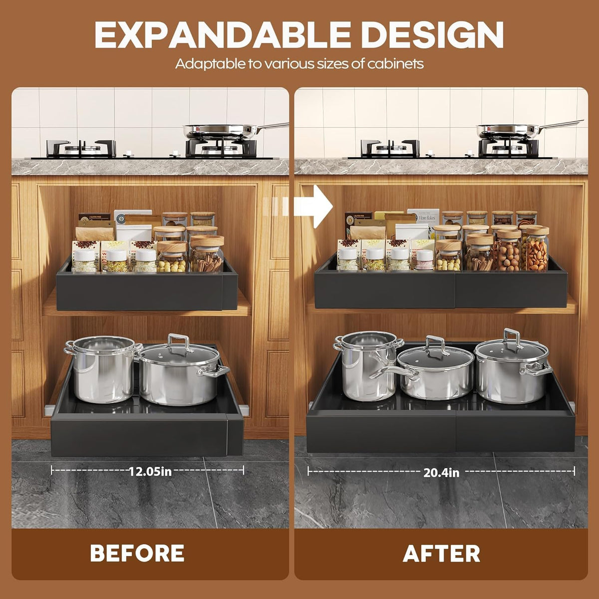 seinloes 2pack expandable pull out cabinet organizer 21"deep, close-up detail