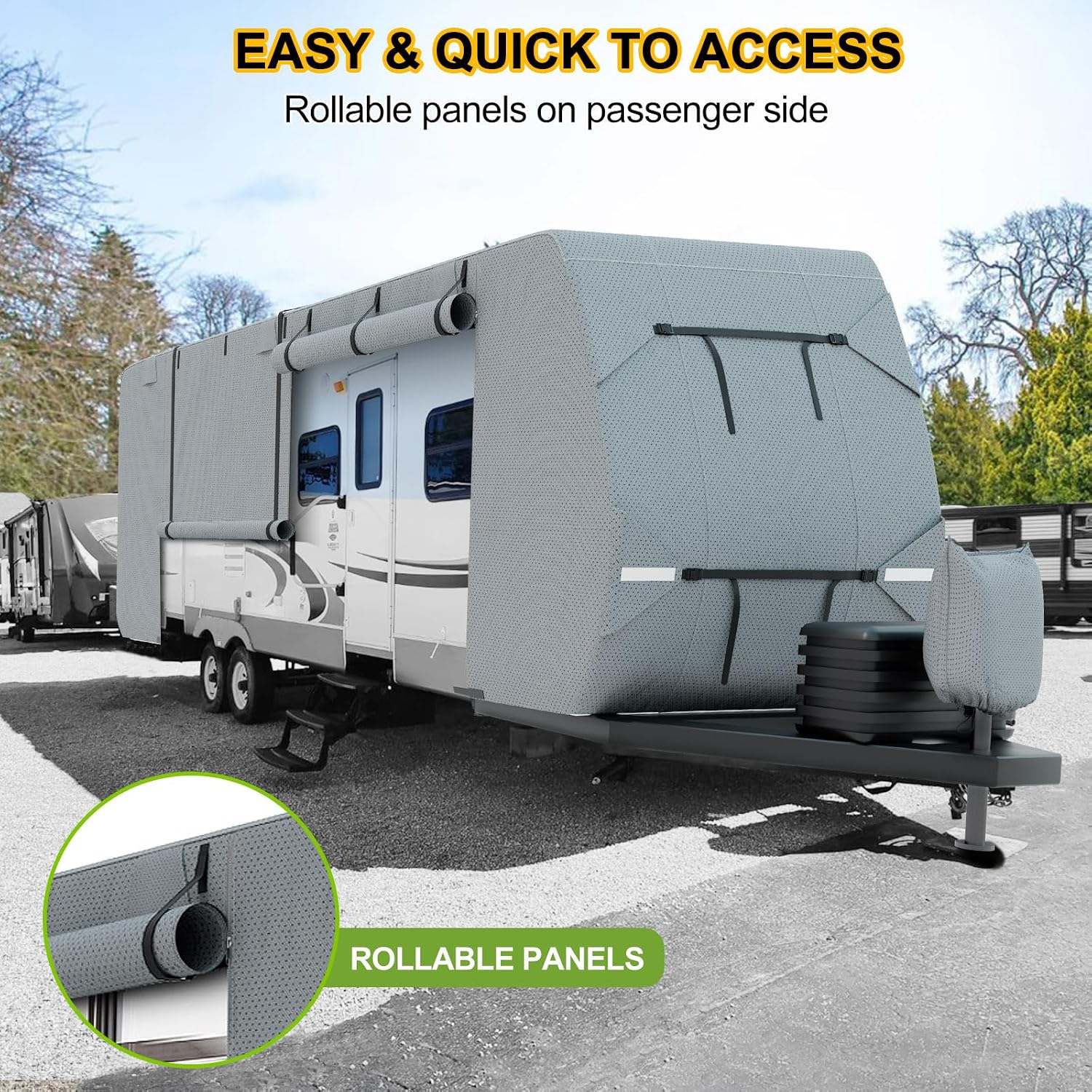 RV Cover 22-24ft, Travel Trailer Heavy Duty Extra-Thick 8 Layers Anti-UV Waterproof Windproof Camper Cover with Tongue Jack Cover, Extra Windproof Ropes, Gutter Covers
