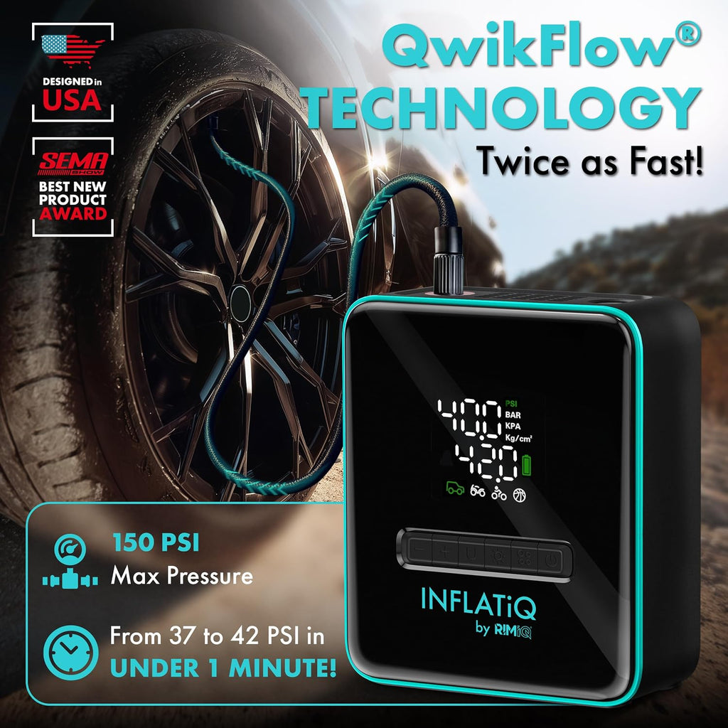 INFLATiQ by RIMiQ Portable Tire Inflator Air Compressor – Twice as Fast QwikFlow Technology with Auto Shut-Off – 11.1V Rechargeable Air Pump with Metal Gears and Premium Carry Case