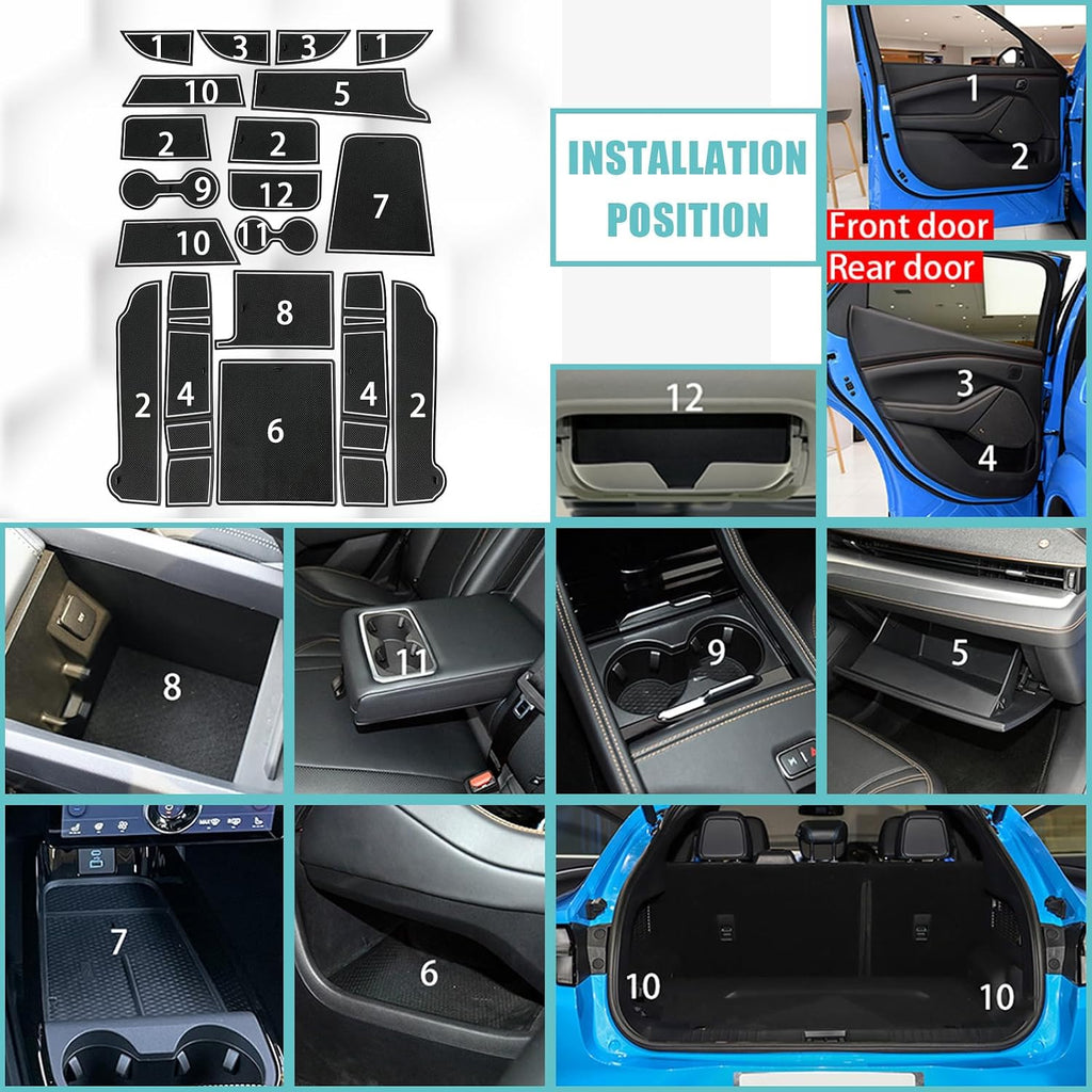 BestEvMod Compatible with Mach E Accessories 2021-2024 PVC Interior Anti Dust Cup Holder Inserts Center Console Liner Mats 18-pcs Set (V3 Fluorescent White)